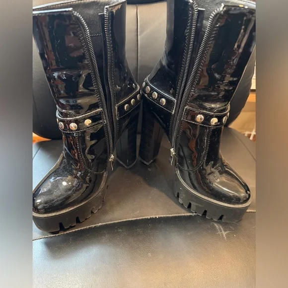 Studded Black Patent Leather Combat Boots - Picture 5 of 5